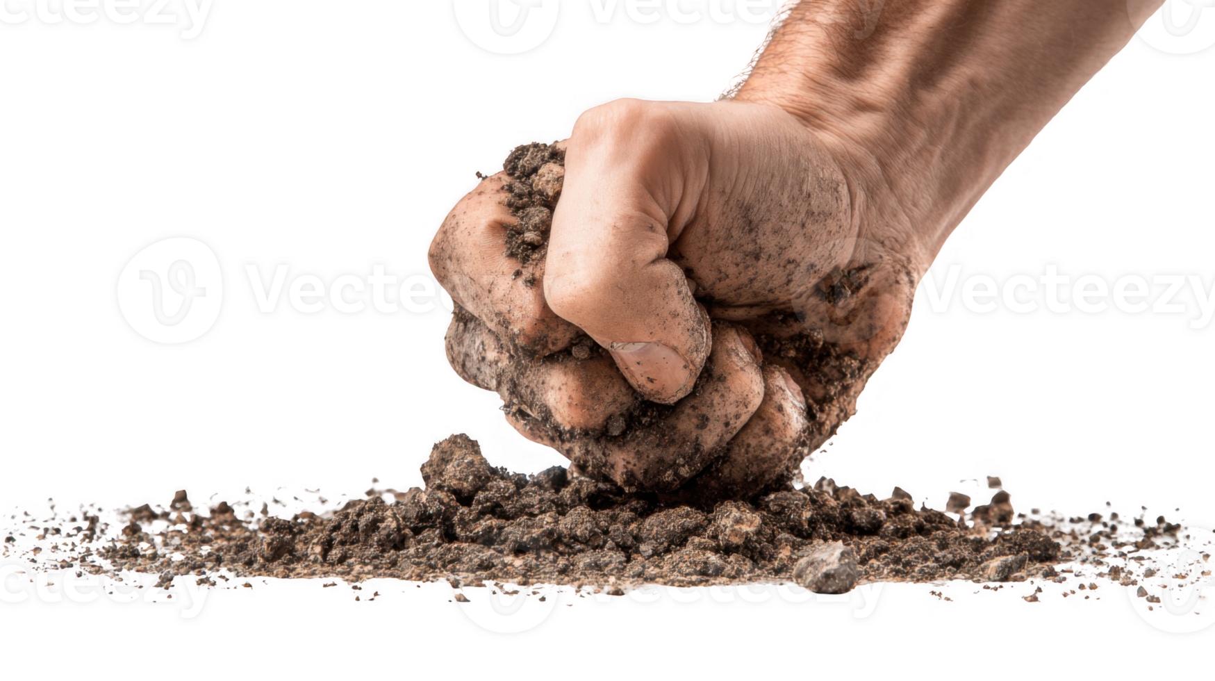 Farmer clutching dirt with fist on transparent background png