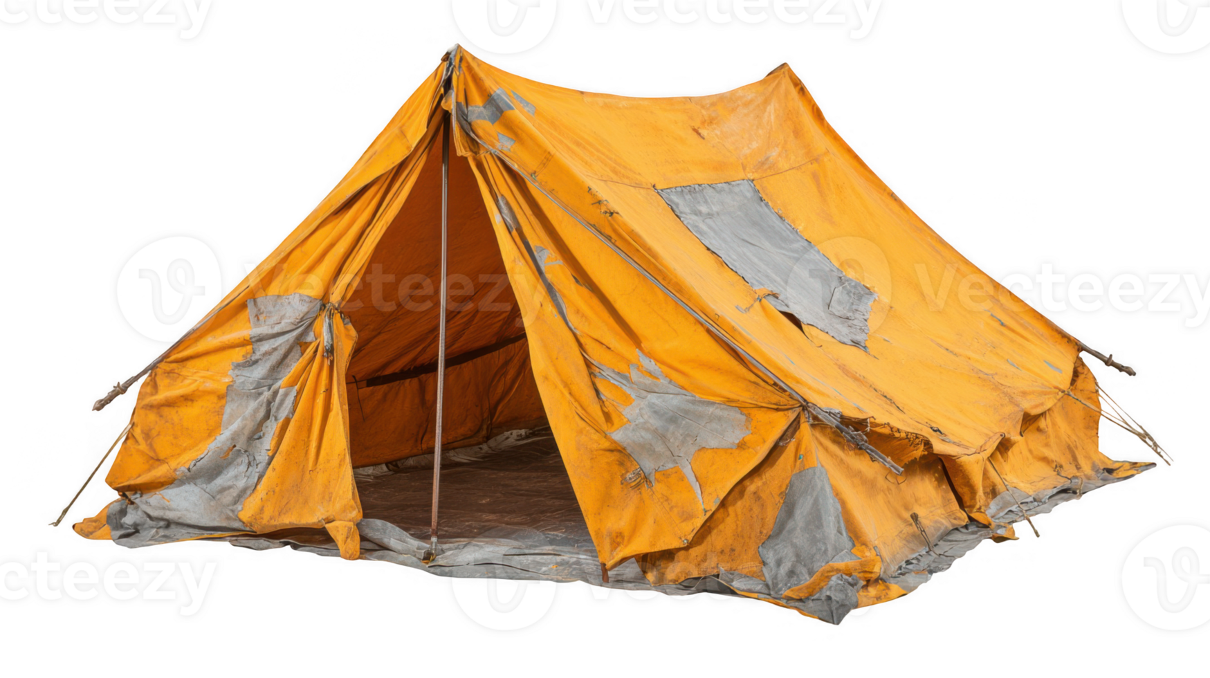 Old torn and weathered camping tent with duct tape repairs on transparent background png