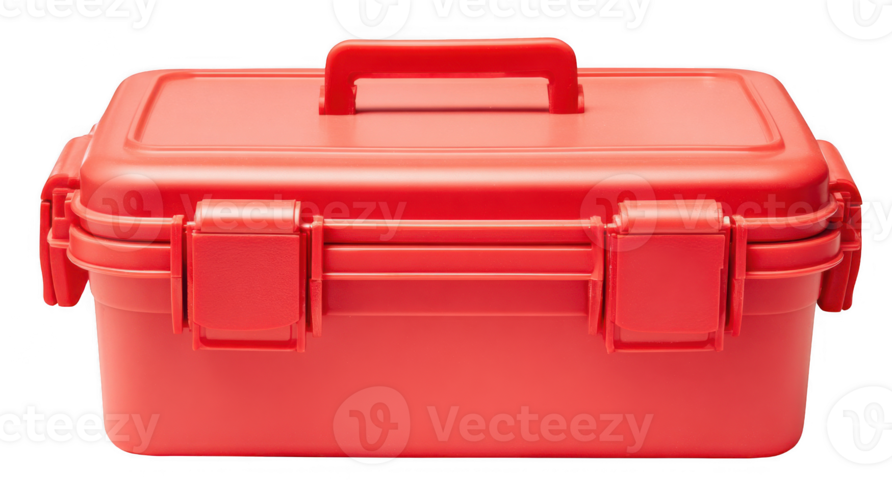 Red lunchbox with clasps and handle on transparent background png