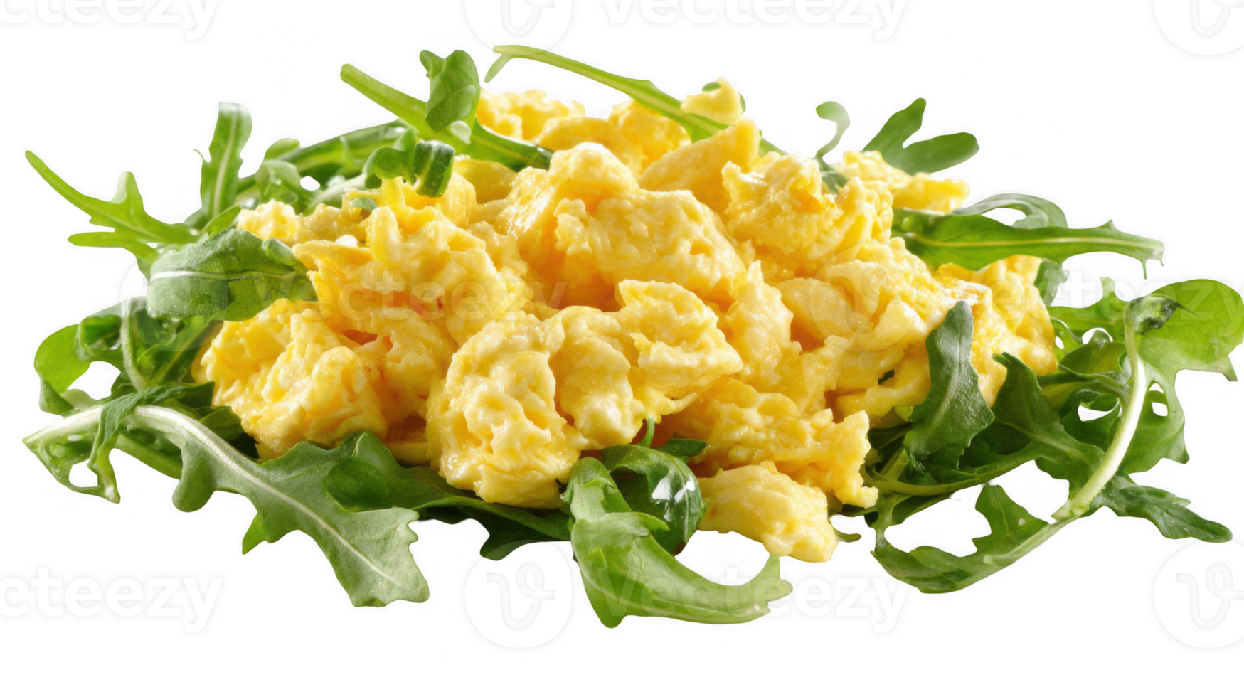 Scrambled eggs lying on a bed of fresh arugula with transparent background png