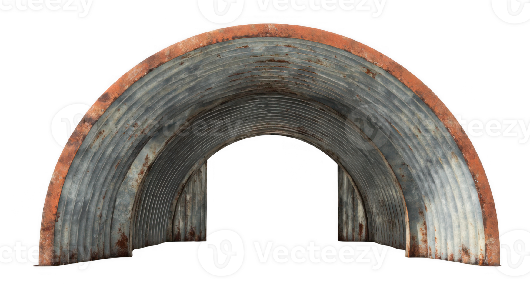 Weathered corrugated metal tunnel entrance with transparent background png