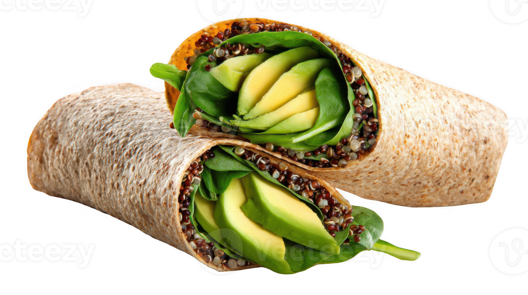 Whole grain wrap filled with avocado, spinach and quinoa on transparent background png