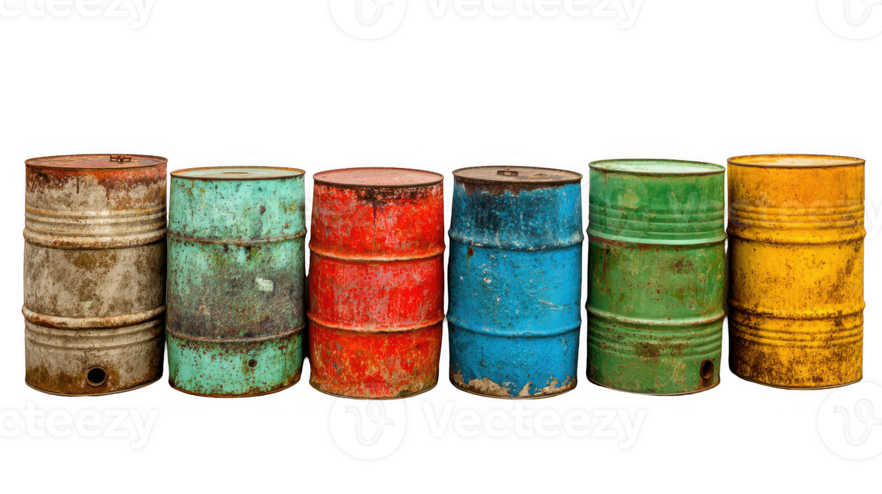 Row of colorful rusty empty barrels with transparent background png