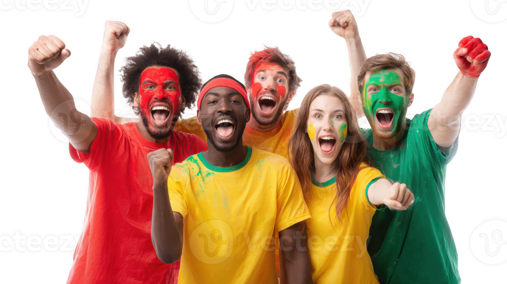 Enthusiastic sport fans cheering with painted faces on transparent background png