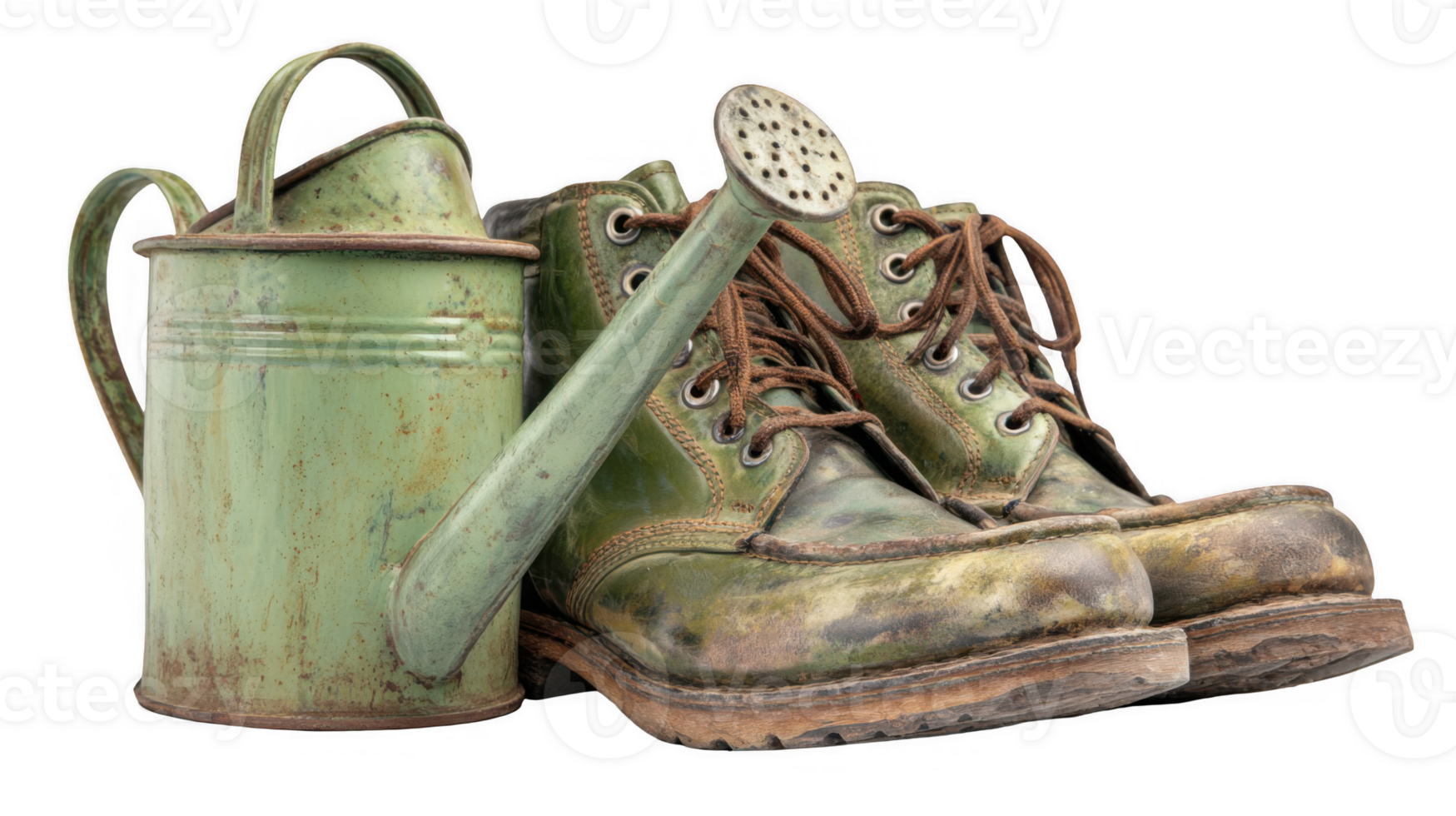 Rusty watering can and old work boots on transparent background png