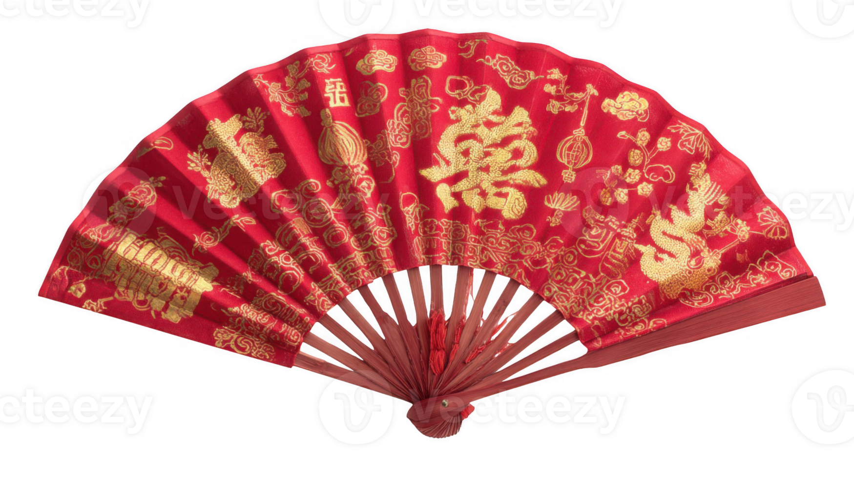 Red silk fan showing traditional chinese symbols on transparent background png