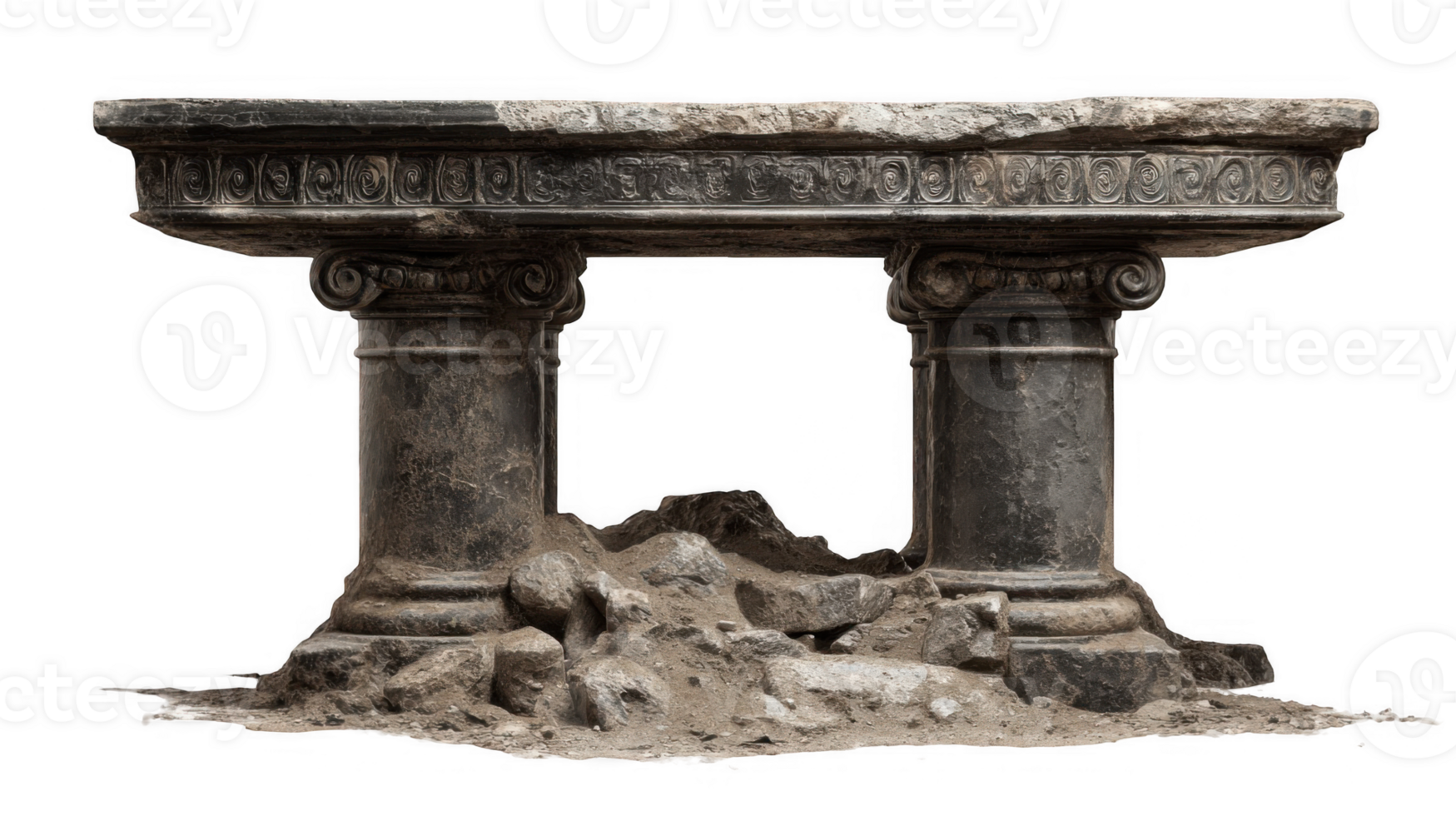 Ancient ruined altar resting on decaying pillars with transparent background png