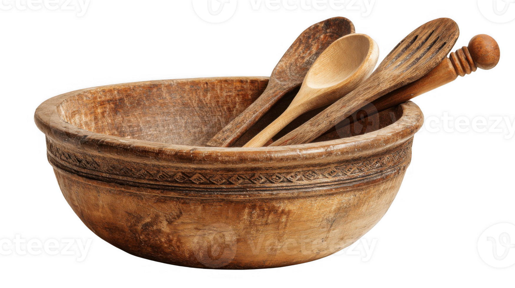 Vintage wooden bowl with carved decorations holding various utensils on transparent background png
