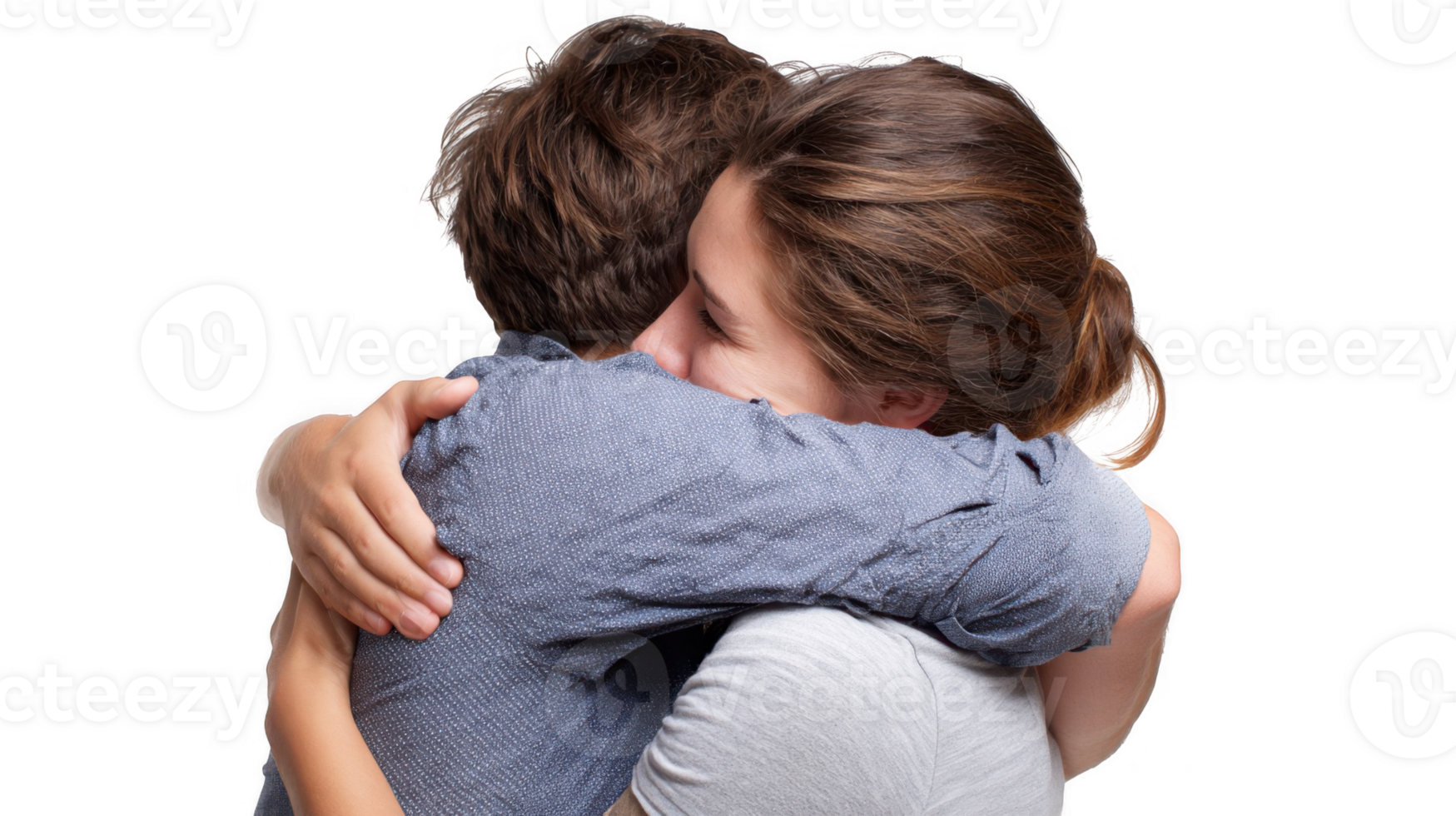 Young woman and man sharing a warm hug on transparent background png