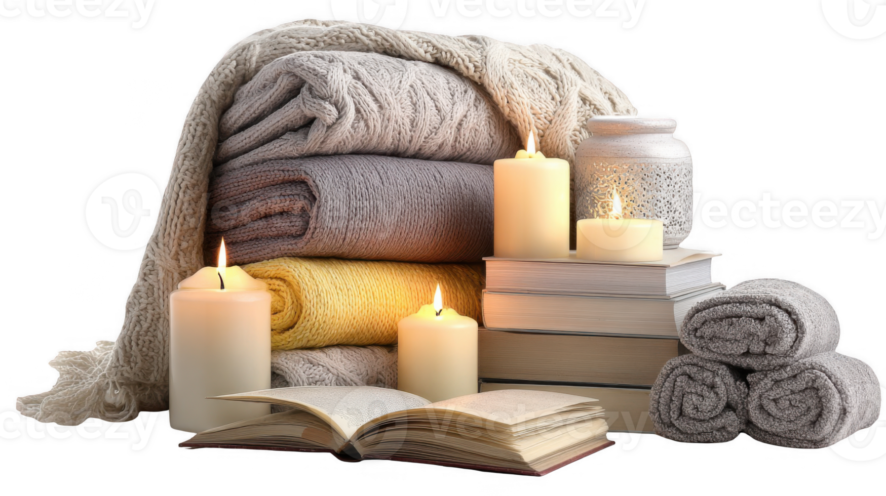 Cozy reading nook with candles, books, and knitted blankets on transparent background png