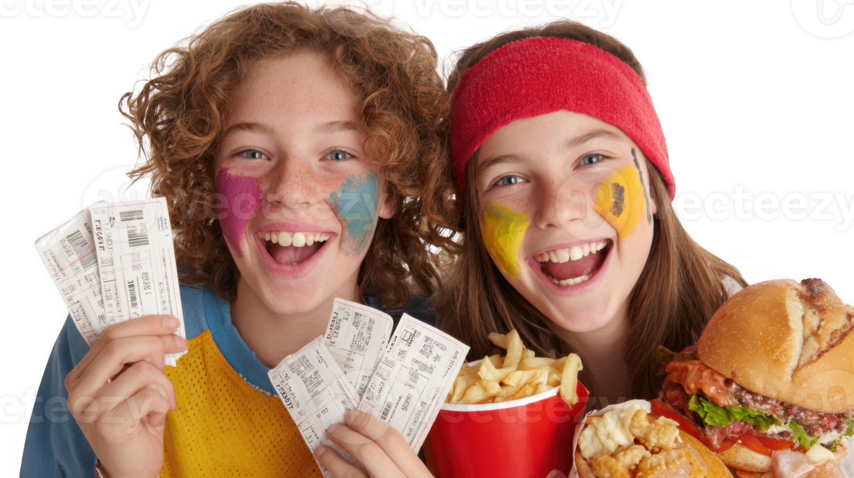 Excited young fans showing tickets and enjoying fast food on transparent background png