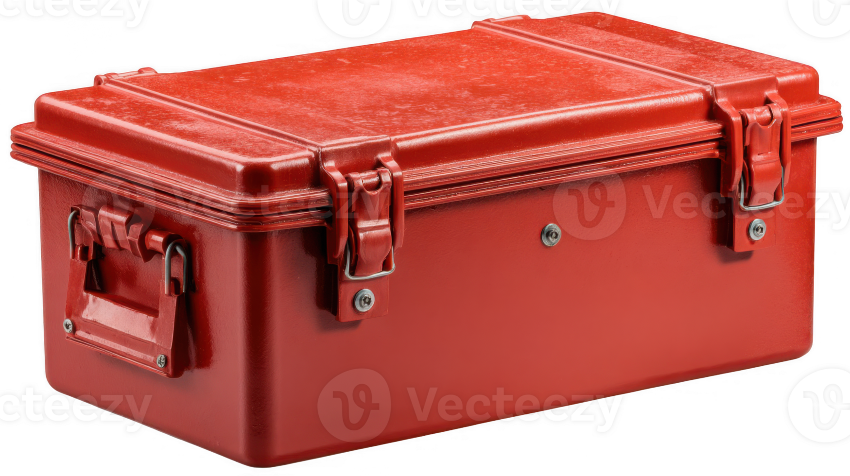 Red durable metal box closed with latches on transparent background png