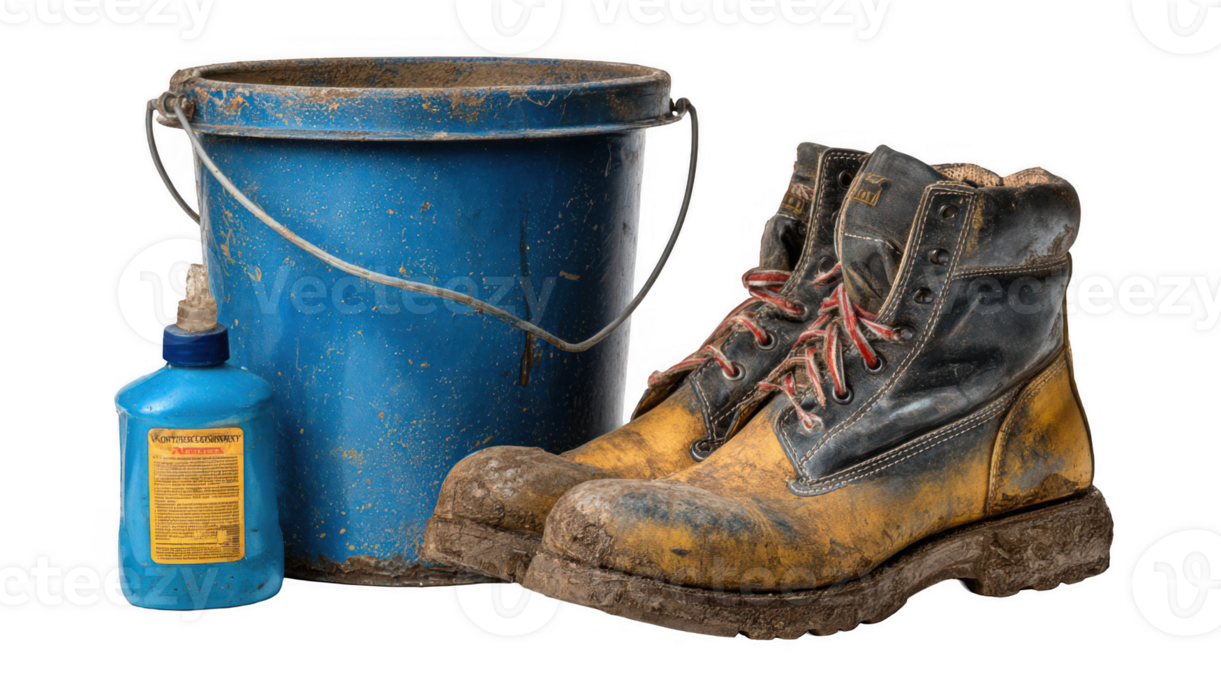 Muddy work boots beside disinfectant and bucket on transparent background png