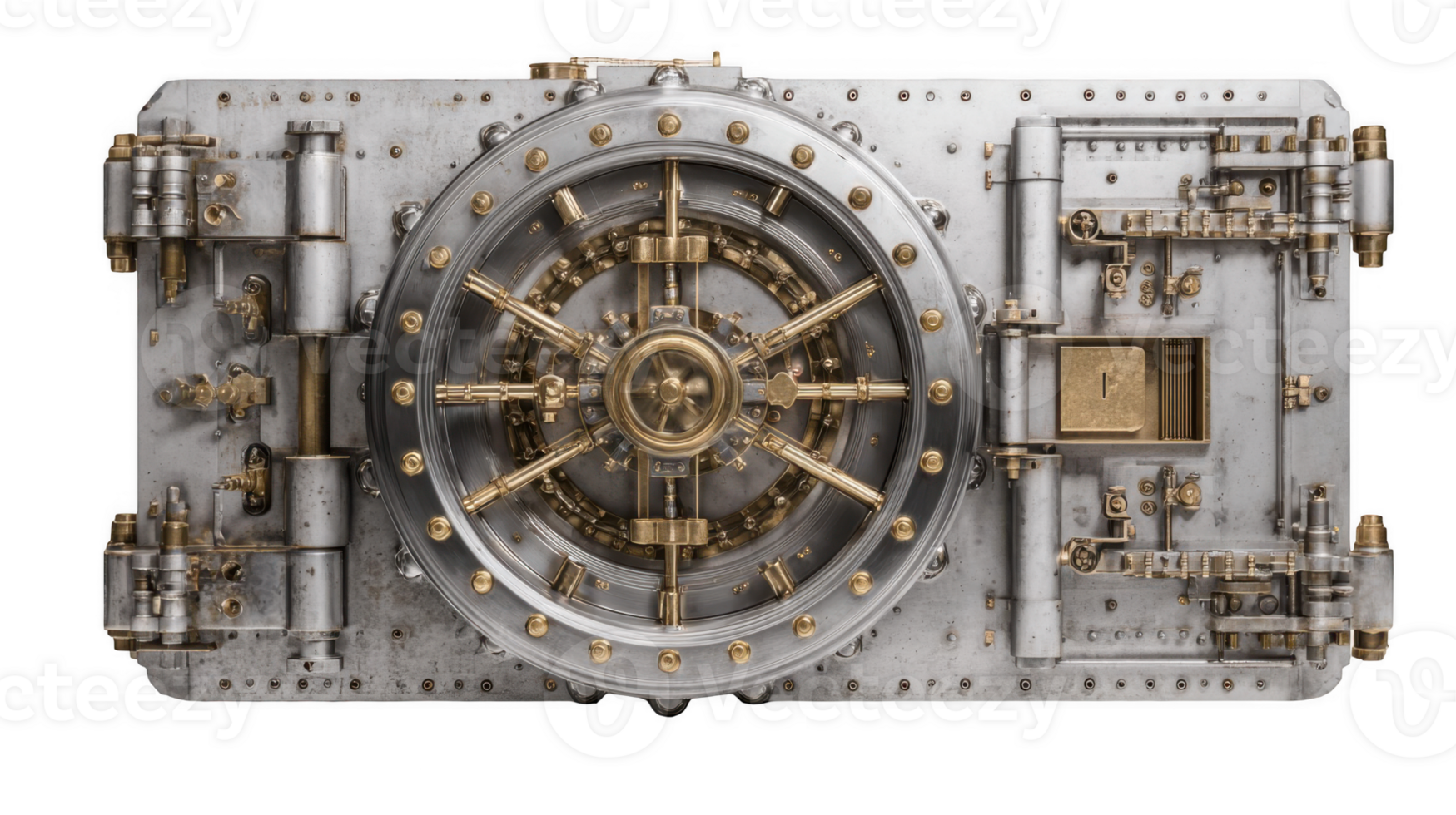 Massive vault door with intricate locking mechanism on transparent background png