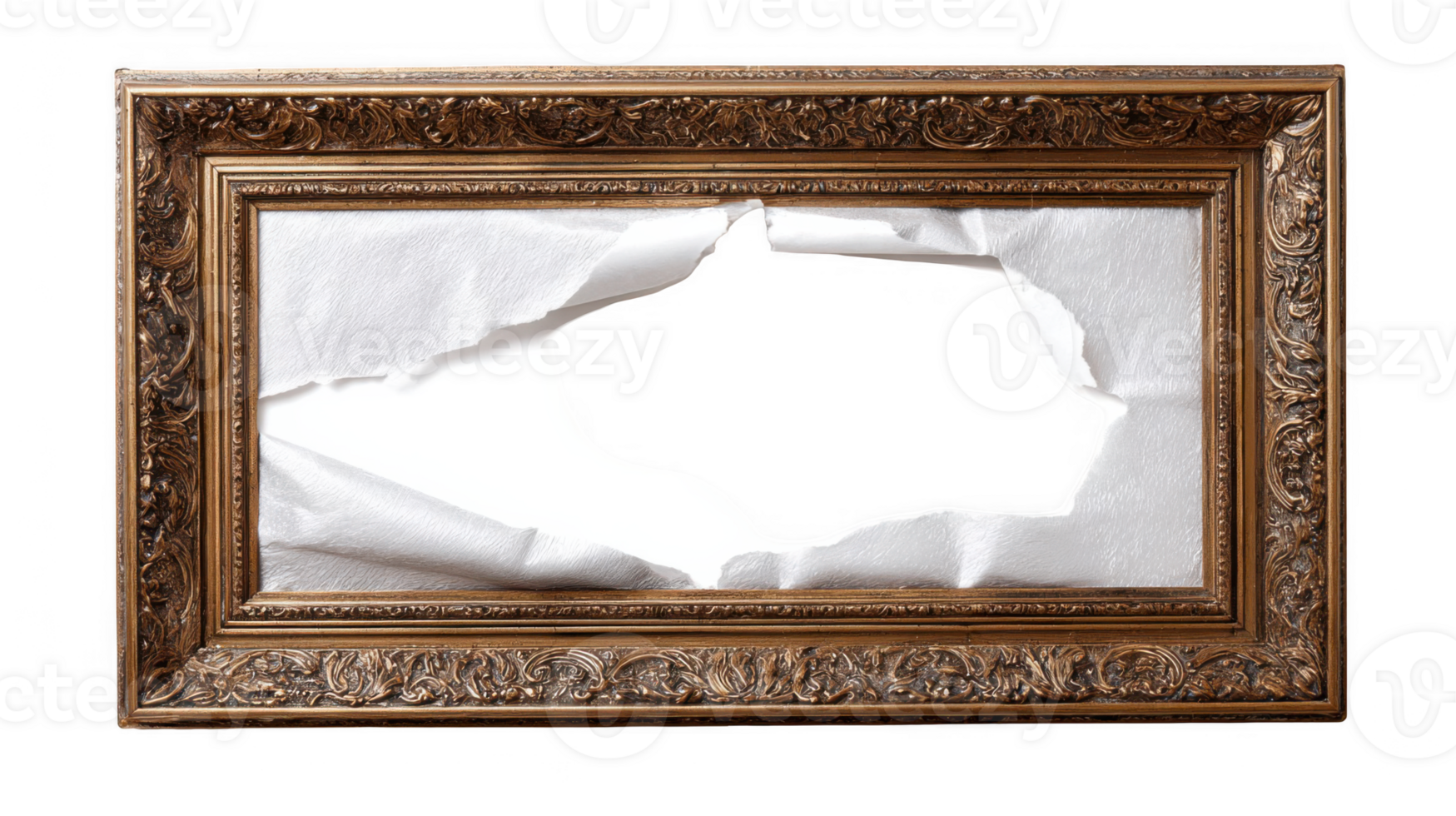 Ornate gold frame revealing transparent background through torn paper png