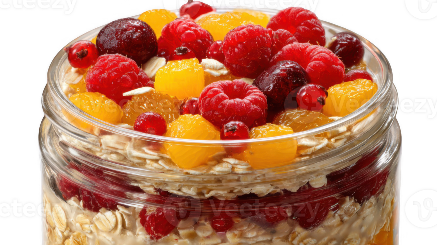 Overnight oats layered with colorful fruit toppings in glass jar on transparent background png