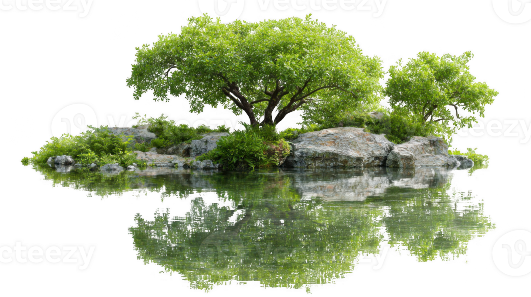 Green foliage and trees growing on island reflecting in water with transparent background png