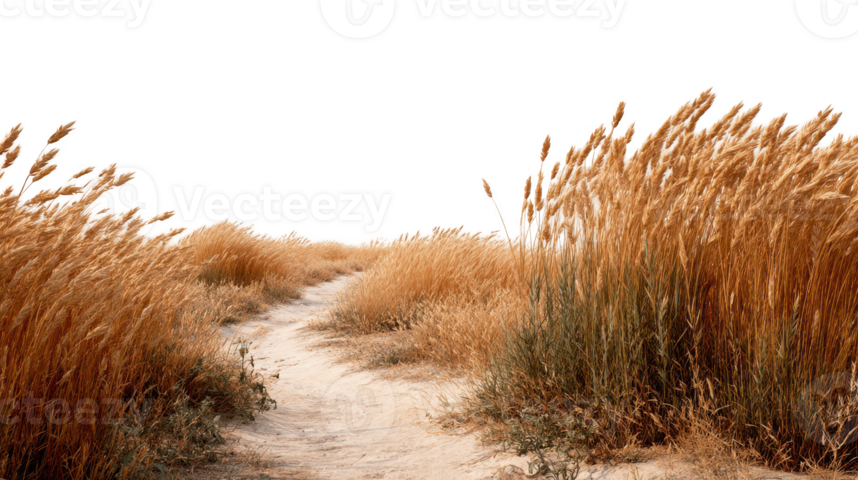 Dusty path winds among tall dry wheat stalks with transparent background png