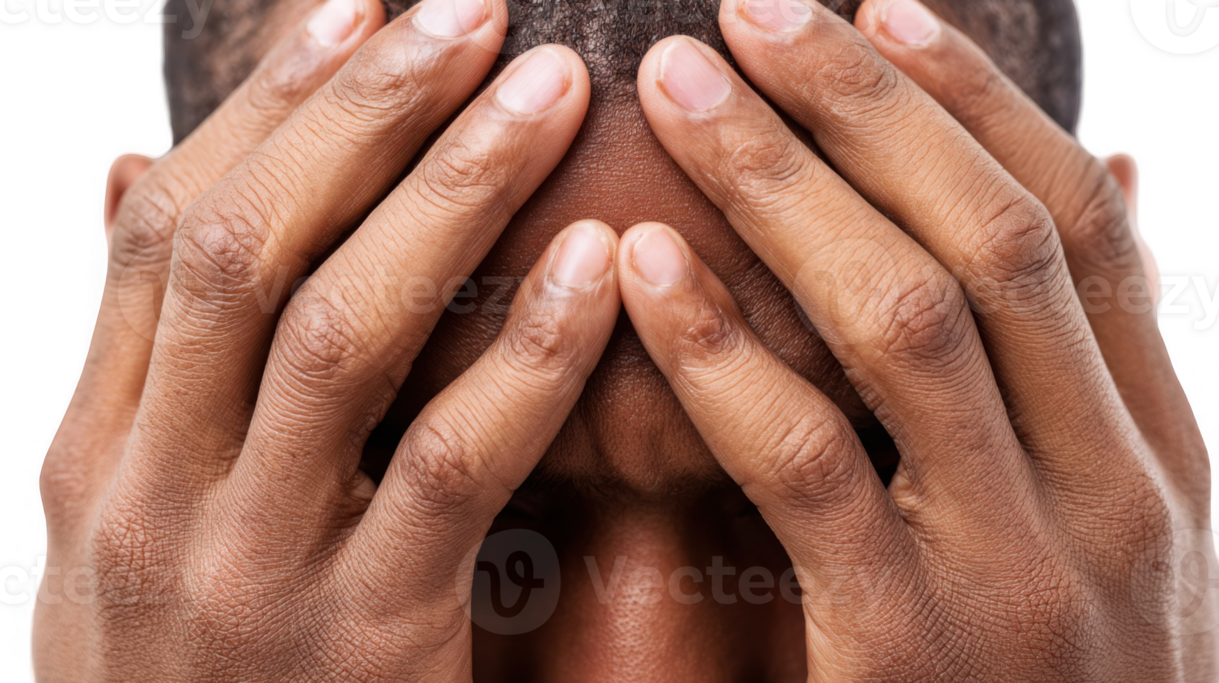 Closeup of hands covering face showing despair and hopelessness with transparent background png
