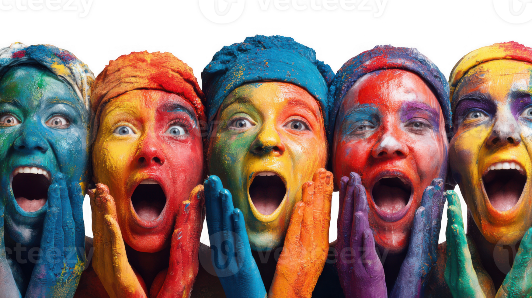 Enthusiastic fans with colorful painted faces cheering and clapping with excitement on transparent background png