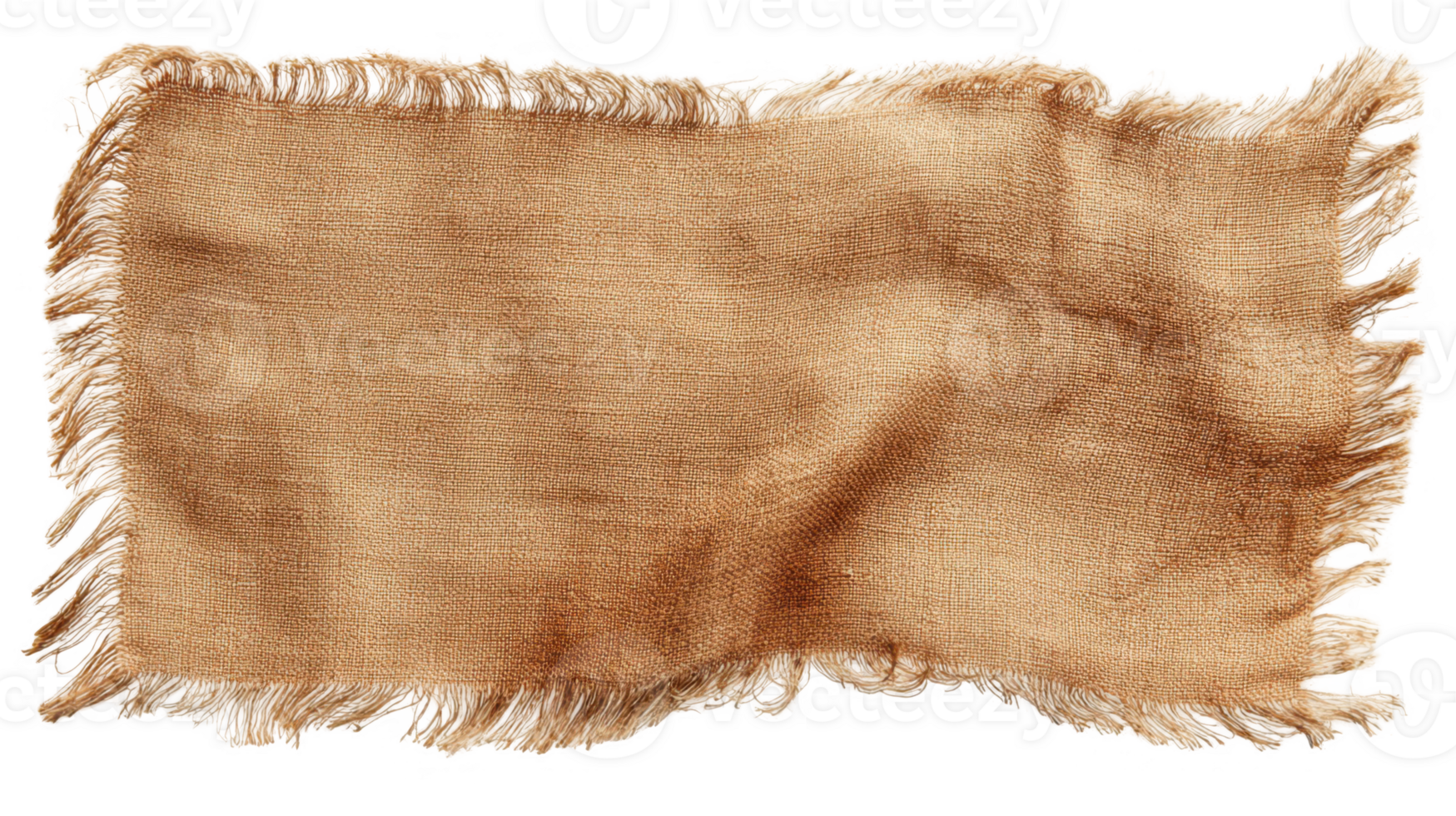 Faded burlap fabric with frayed edges and stains on transparent background png