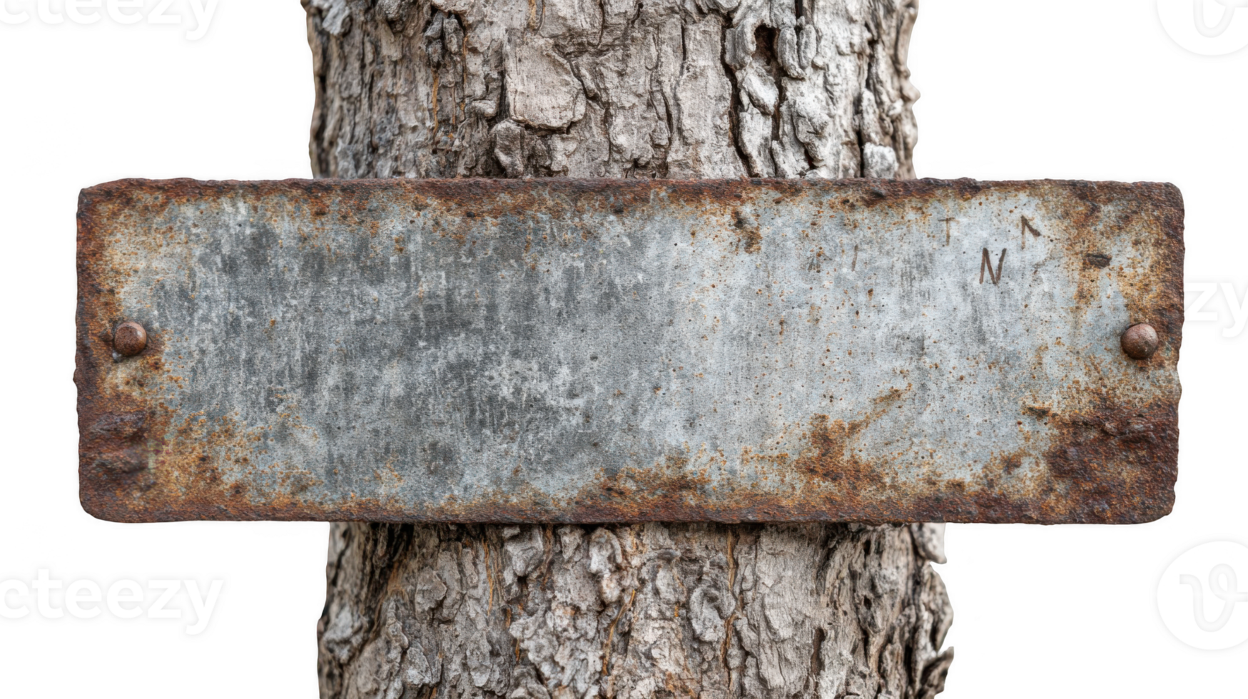 Rusty metal sign nailed to a tree trunk with transparent background png