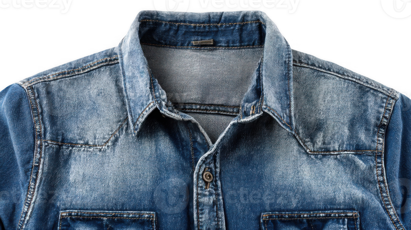 Close up of blue denim shirt showing collar, button, and pocket detail on transparent background png