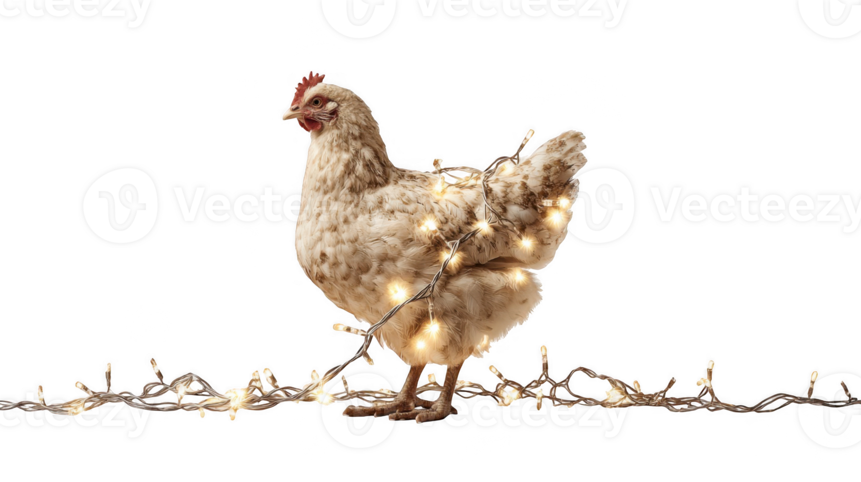 Hen wrapped in christmas lights on transparent background png