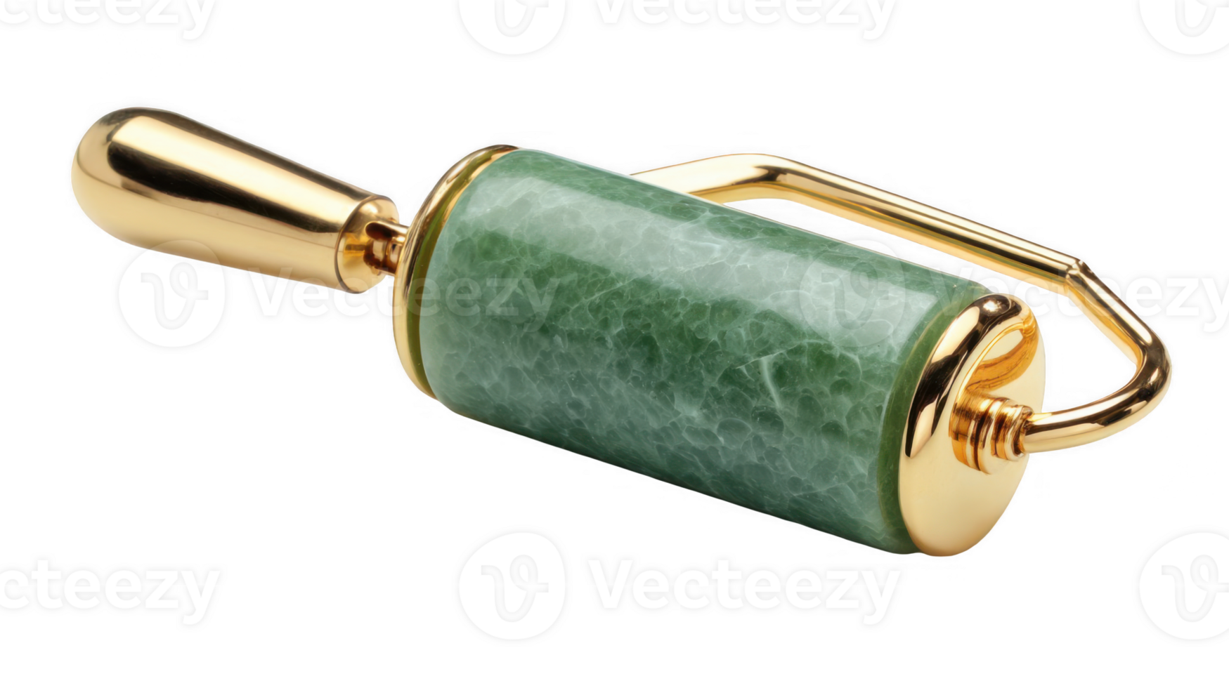Green jade roller with gold handle resting on transparent background png