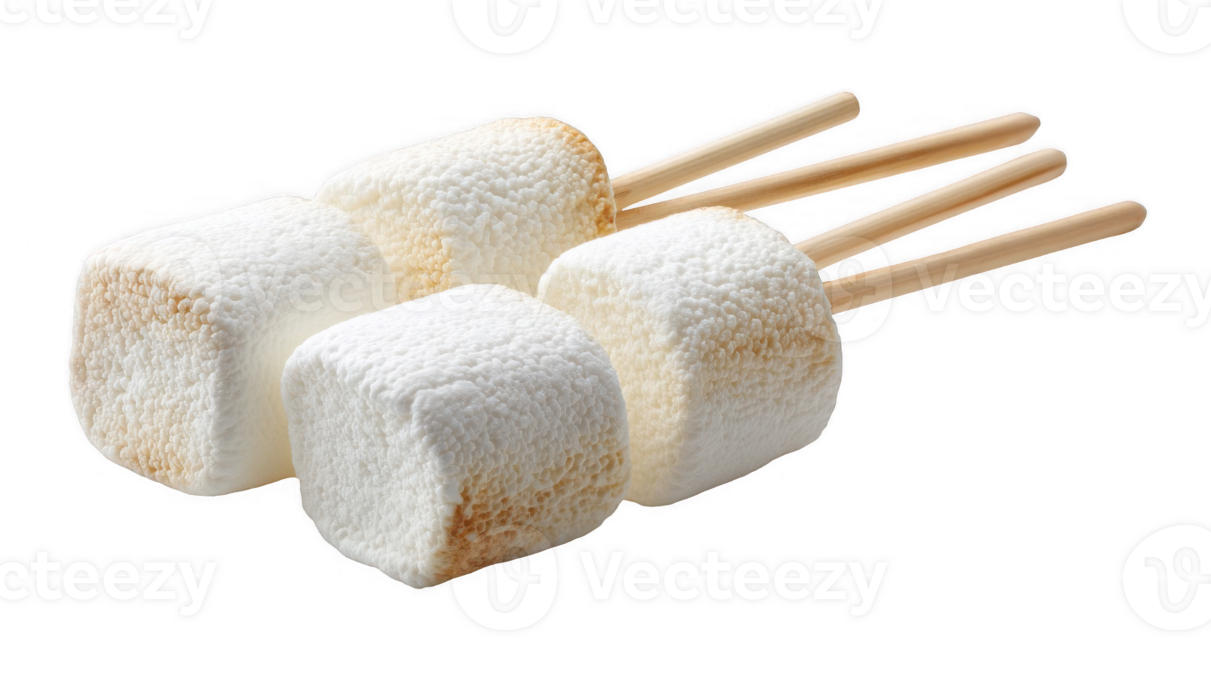 Marshmallows on wooden sticks ready for roasting on transparent background png