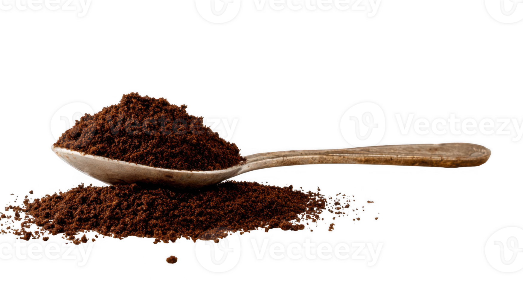 Spoon resting on pile of ground coffee on transparent background png
