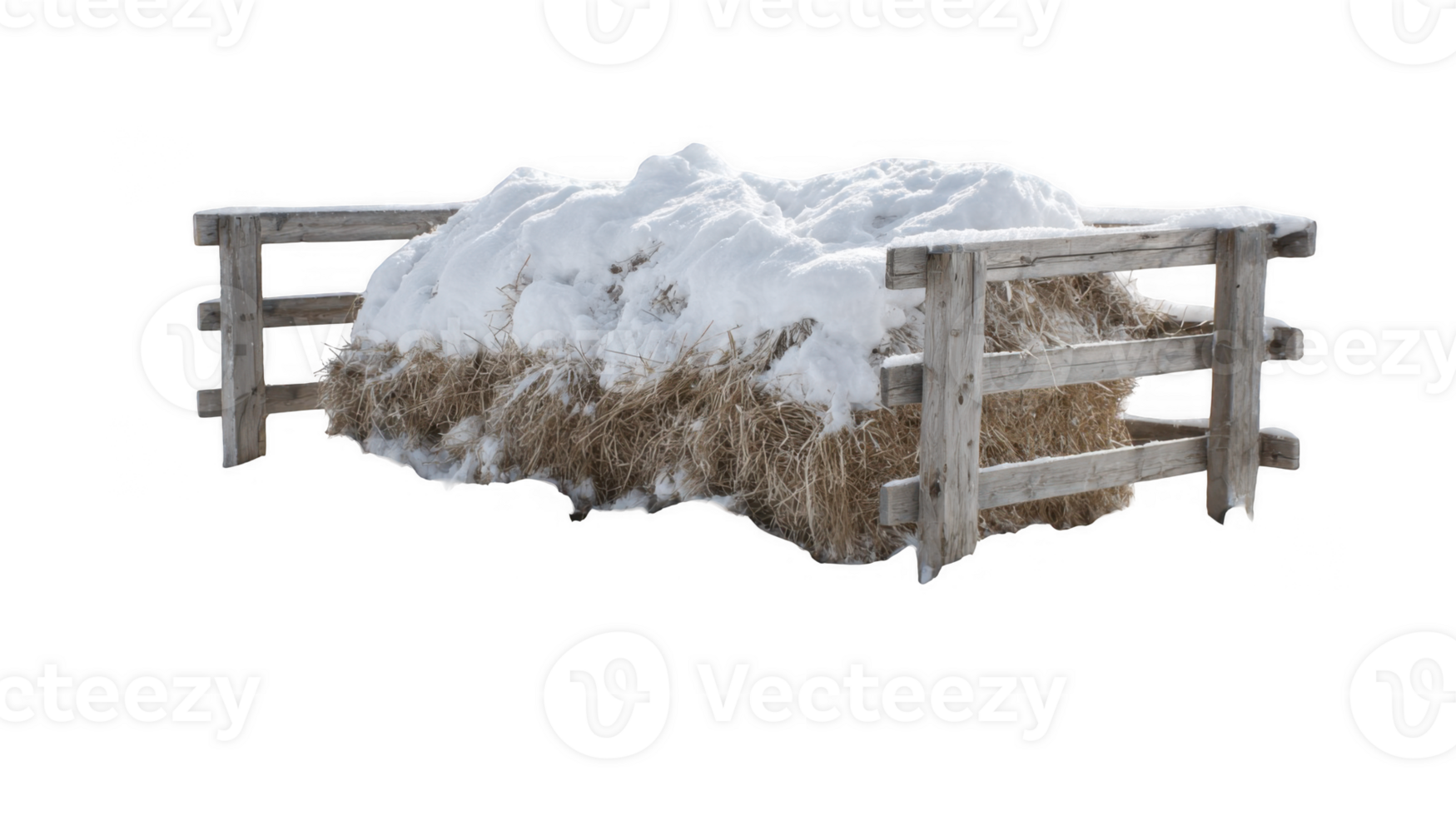 Snow blanketing straw in wooden outdoor run with transparent background png