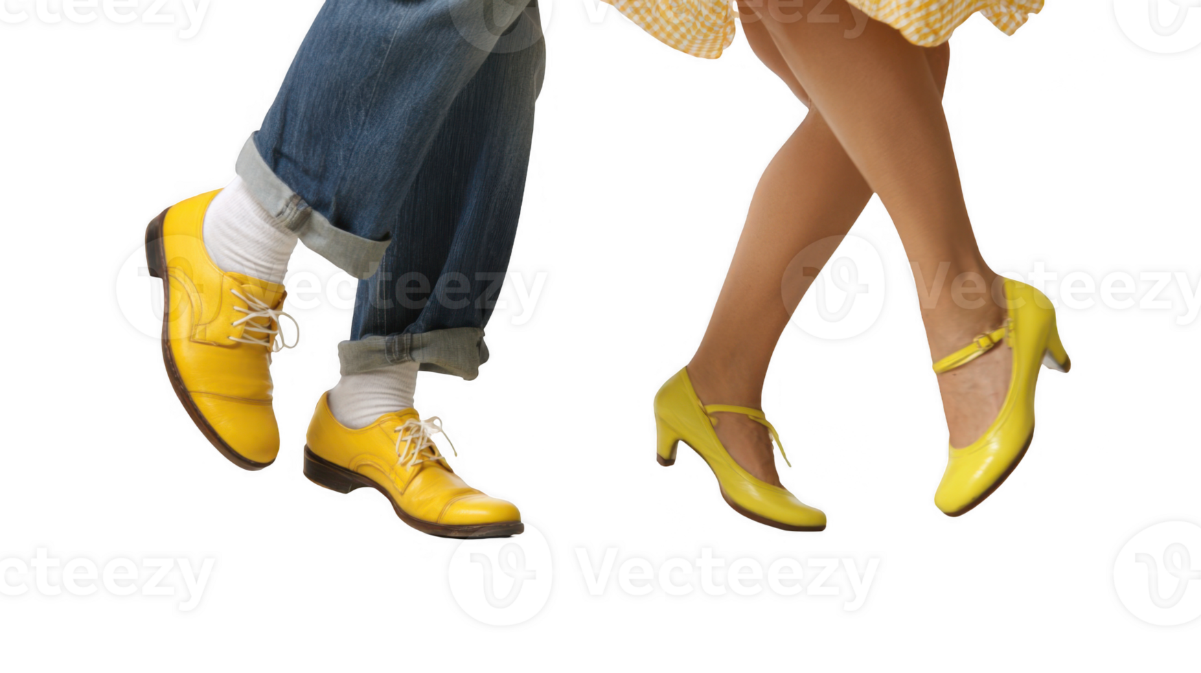 Couple dancing energetically wearing matching yellow shoes on transparent background png