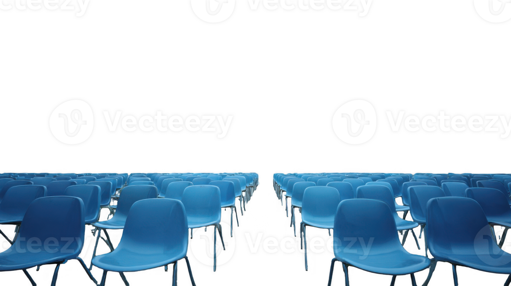 Rows of empty blue plastic chairs with transparent background png