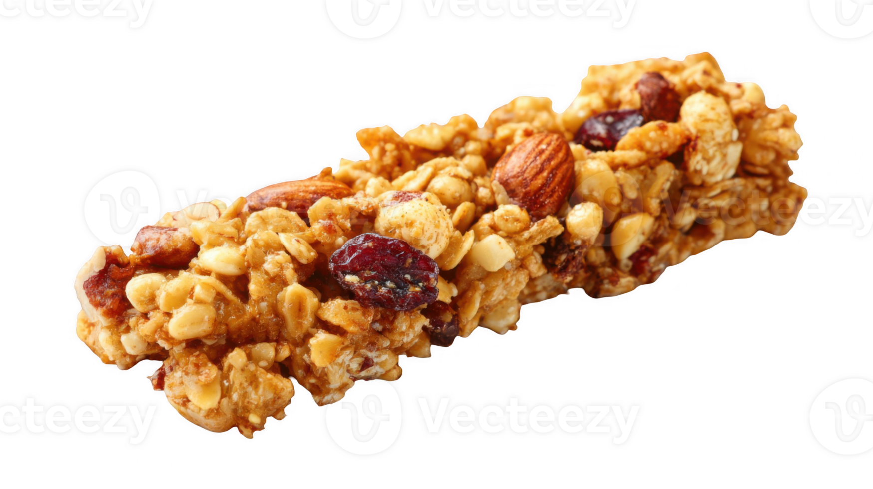 Crunchy granola bar with almonds and cranberries on transparent background png