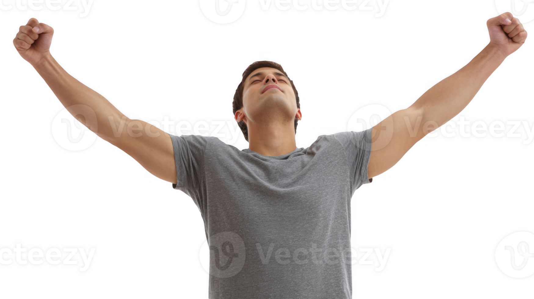 Man raising arms showing strength and power on transparent background png