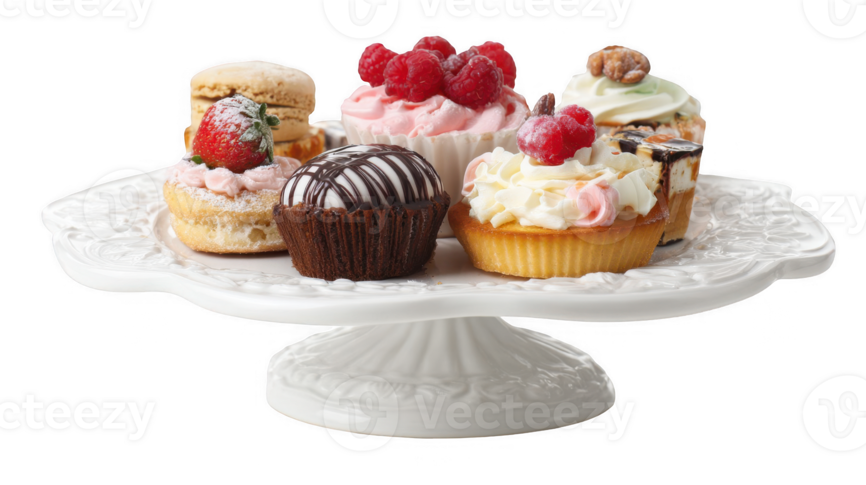 Elegant cake stand displaying assorted pastries on transparent background png