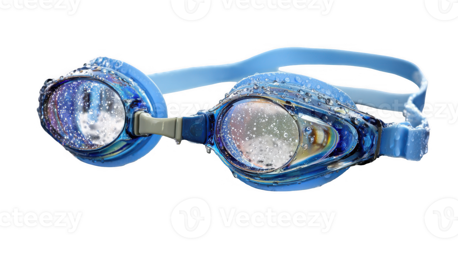 Blue swimming goggles resting on wet surface with transparent background png