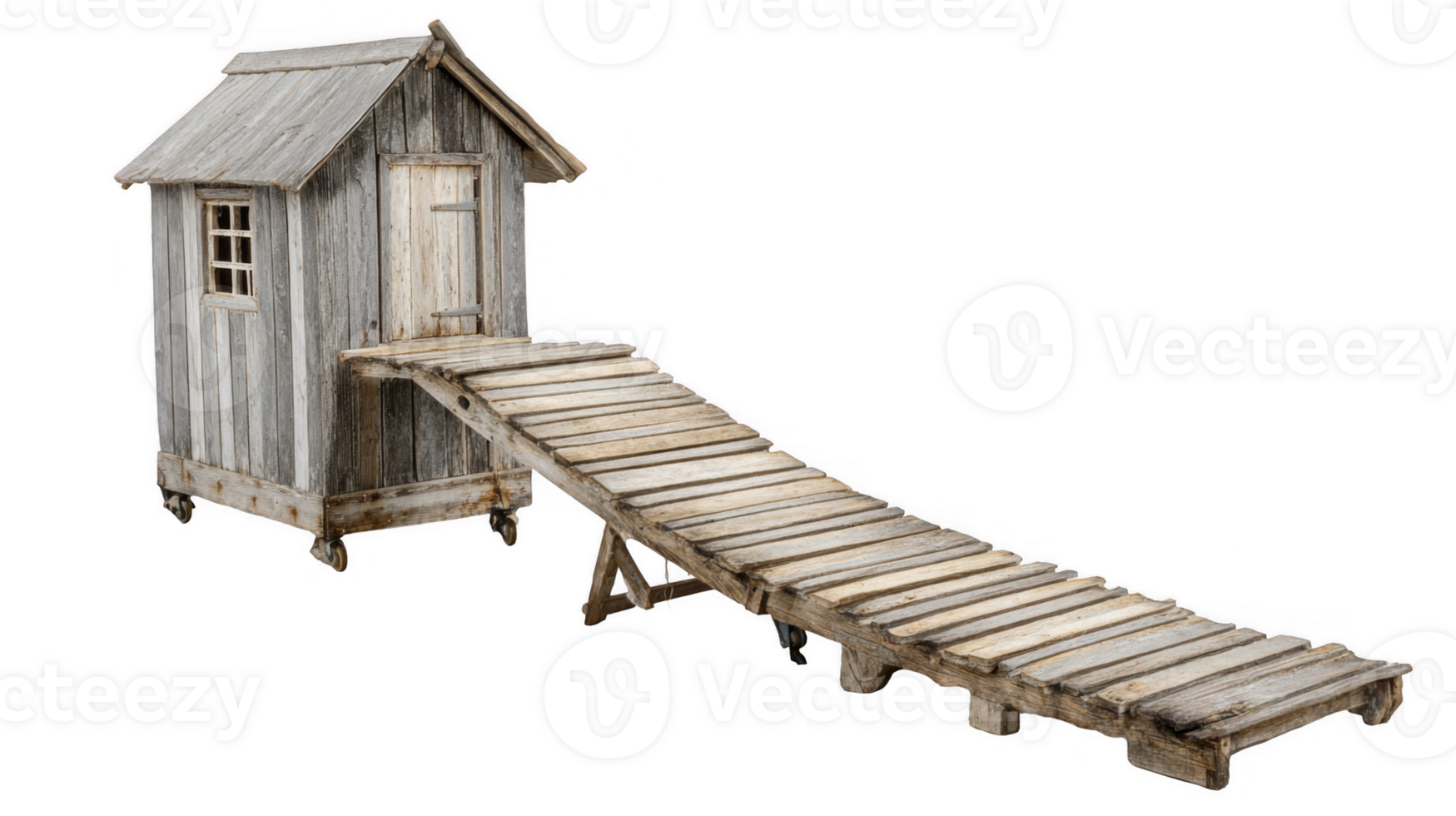 Wooden chicken coop with ramp on transparent background png