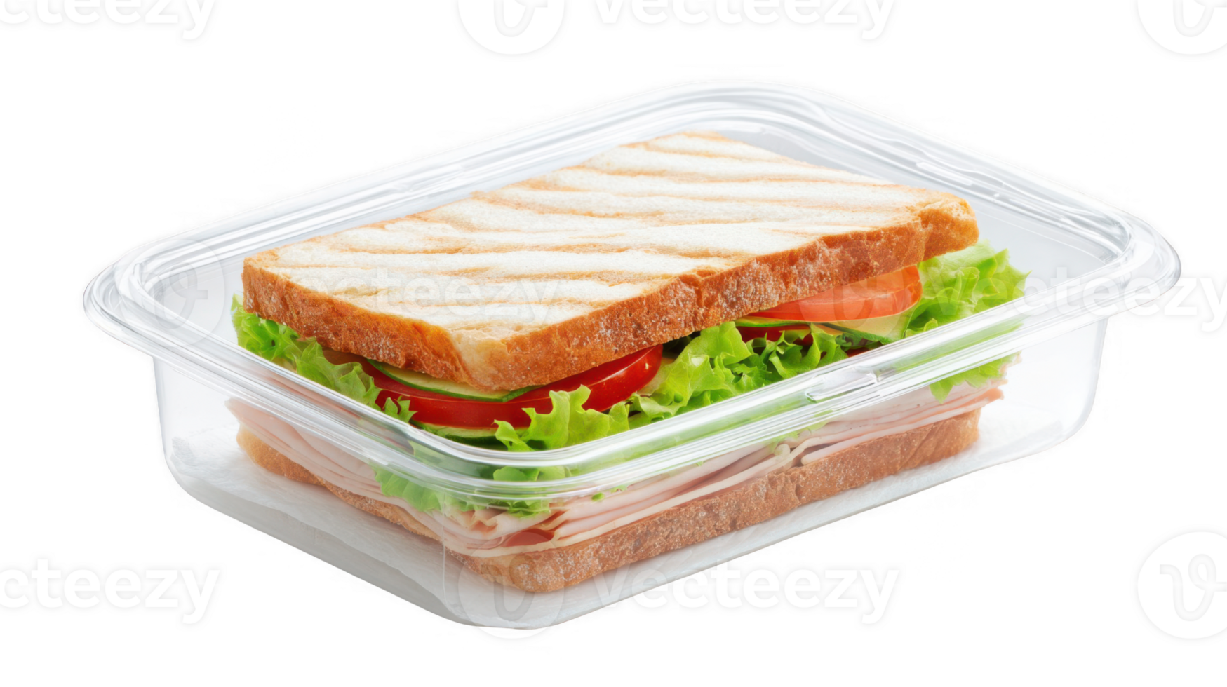 Plastic container holding a toasted sandwich with ham, lettuce, tomato, and cucumber on transparent background png