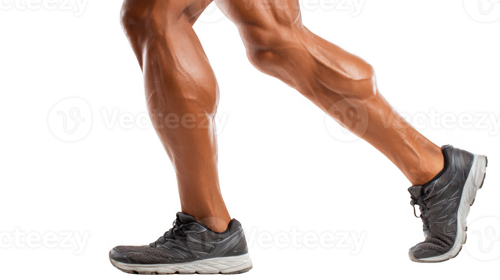 Defined calf muscles straining while running on transparent background png