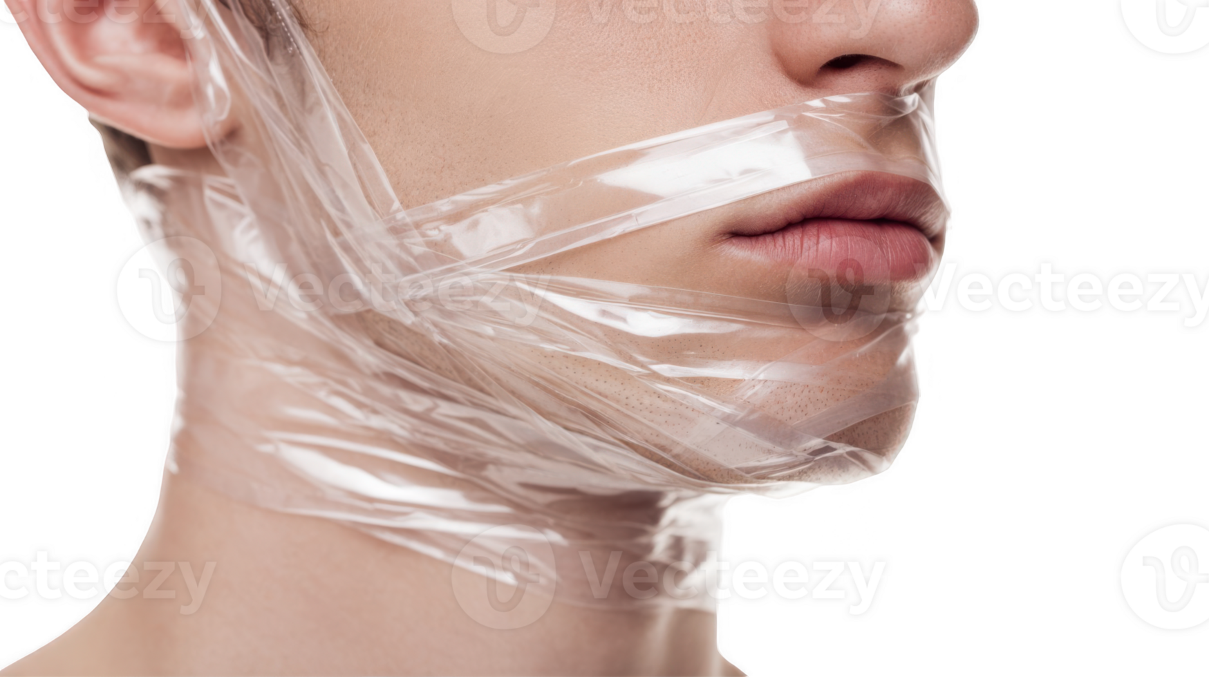 Man with mouth and jaw covered in plastic wrap on transparent background png