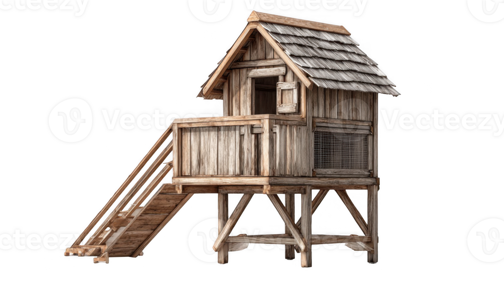 Wooden elevated chicken coop with sloped roof and ramp on transparent background png