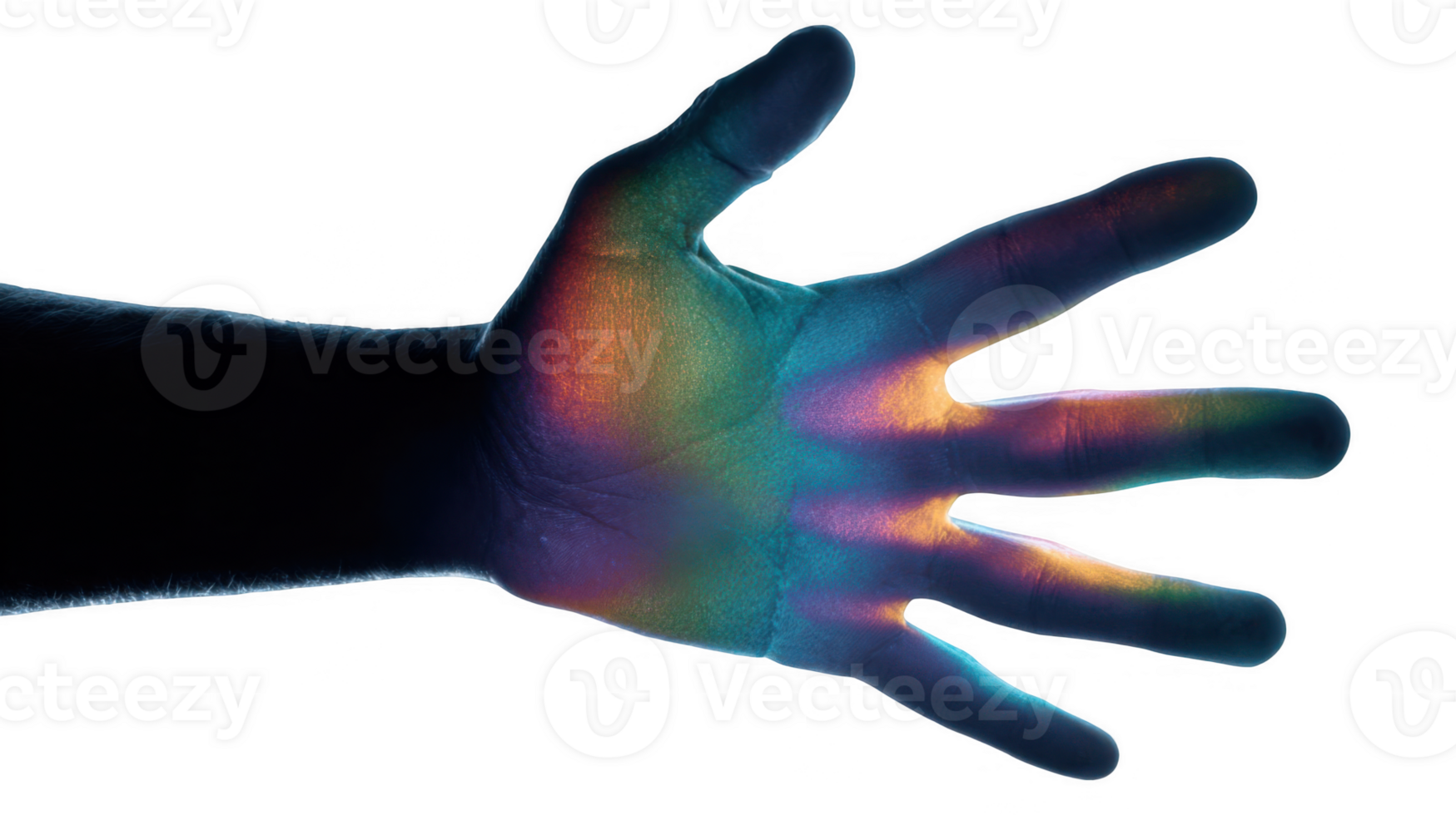 Open hand showing five fingers with iridescent colors on transparent background png