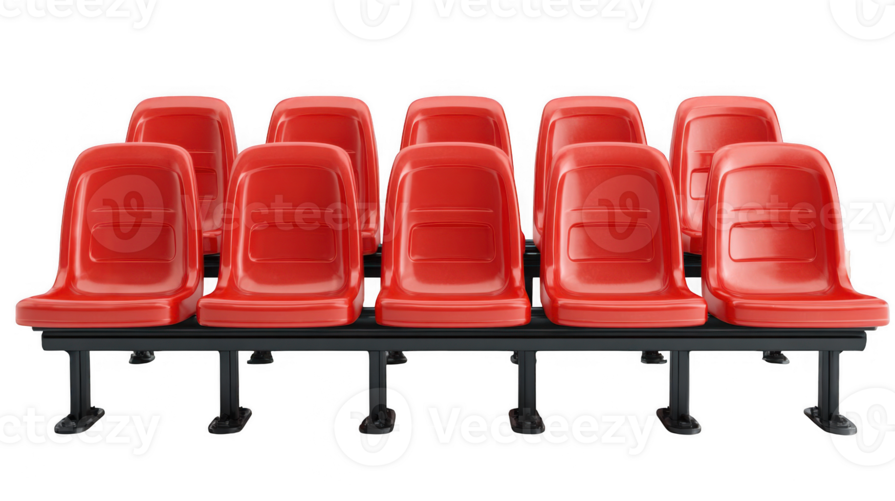 Rows of shiny red stadium seats on transparent background png