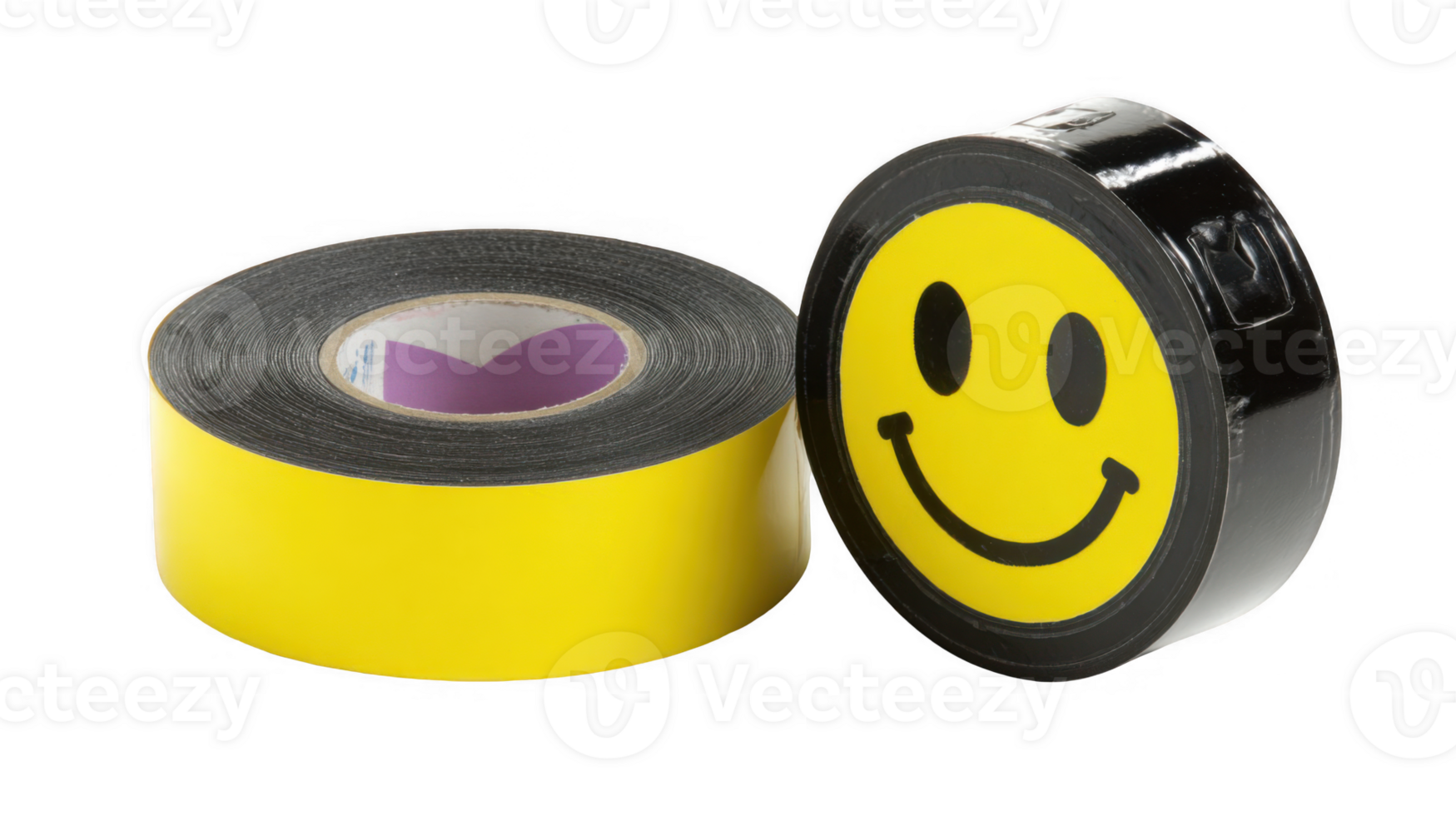 Two rolls of unused tape, one yellow and one black with smiley face, isolated on transparent background png