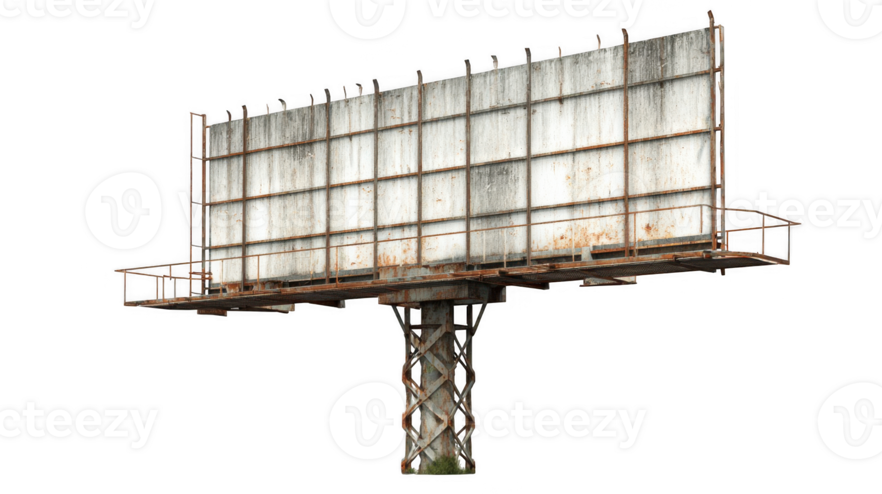 Rusty billboard showing a blank white display on transparent background png