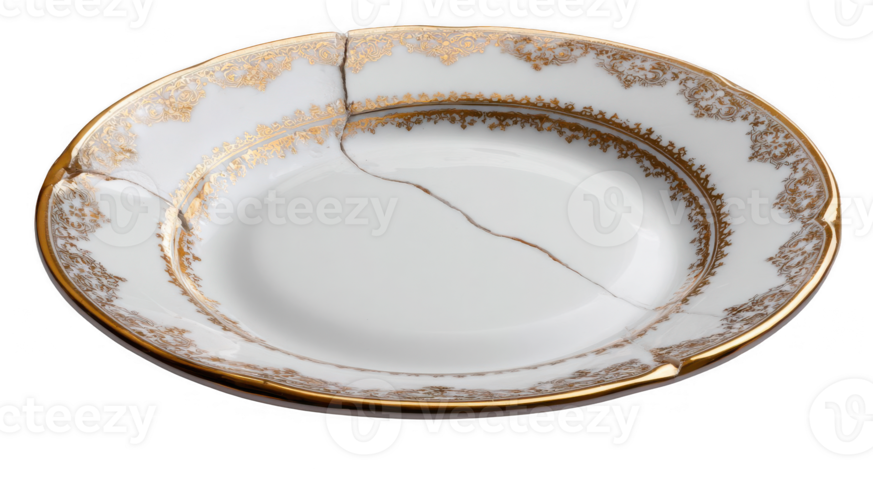 Elegant porcelain plate showing a crack with golden decoration on transparent background png