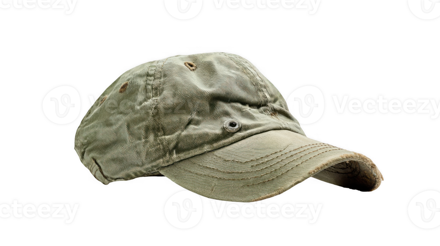 Old faded and worn out green baseball cap isolated on transparent background png