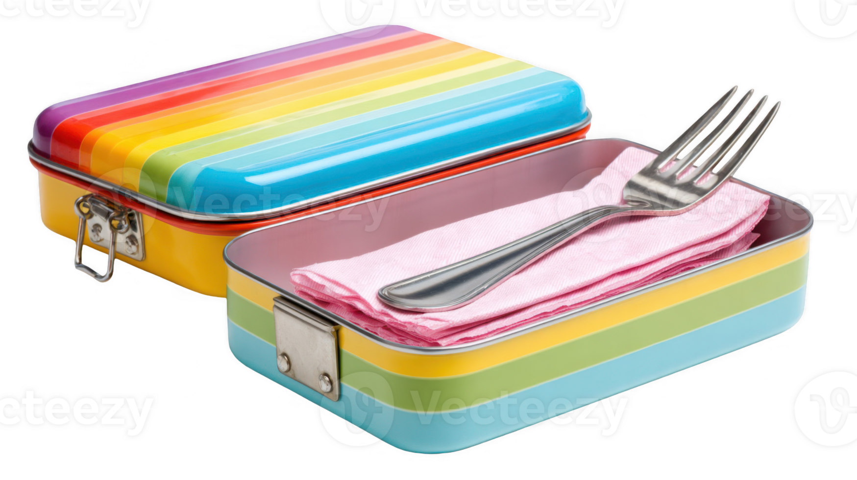 Colorful rainbow lunchbox open with fork and napkin on transparent background png